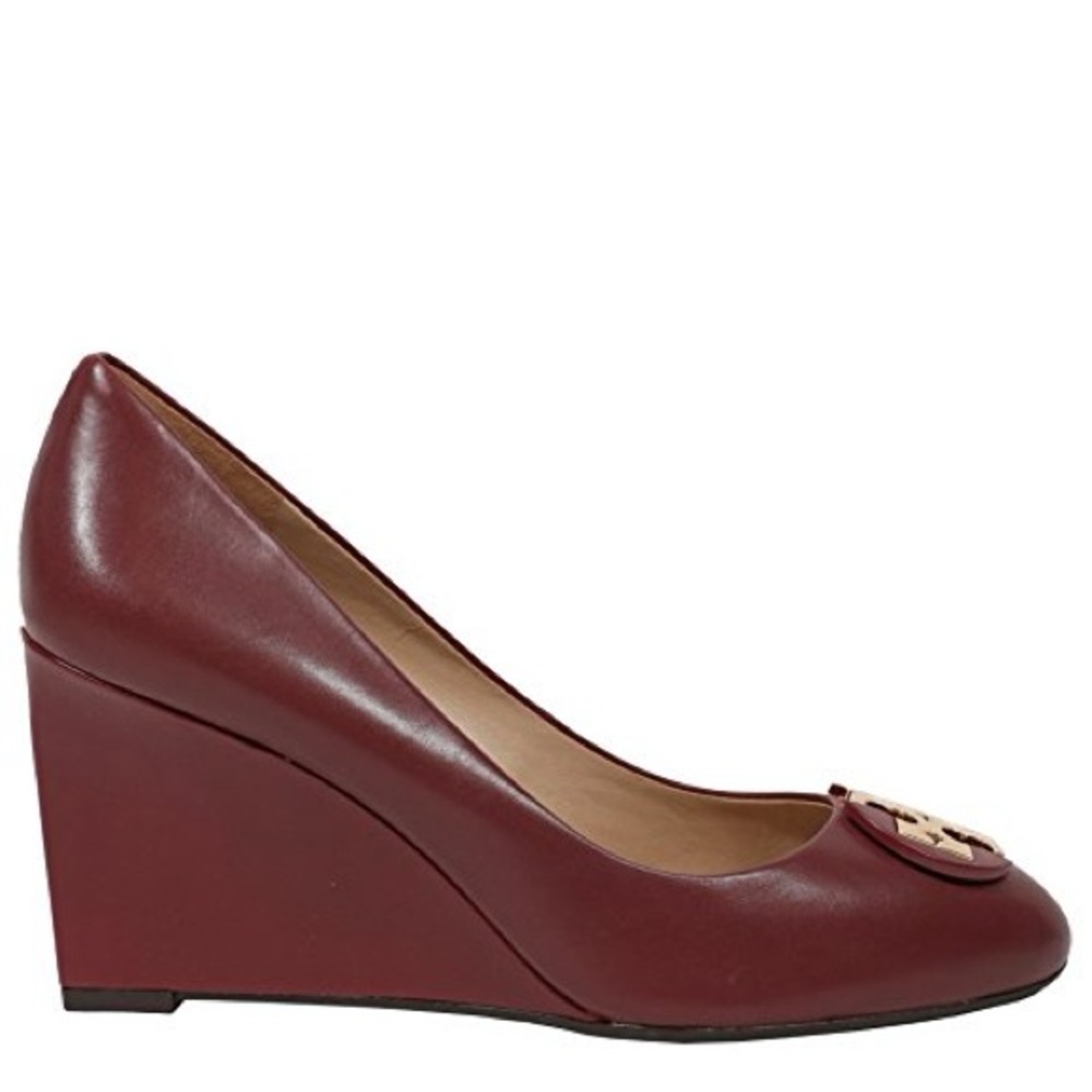 Tory Burch Burgundy Wedge Shoes with Logo Ornament - Picture 2 of 5
